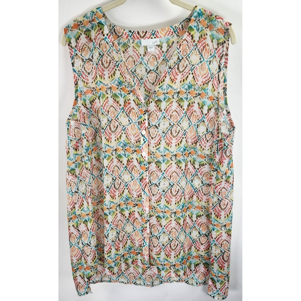 J. Jill Hi-Lo Geometric Top Women's L Multicolor Semi Sheer Sleeveless Aztec